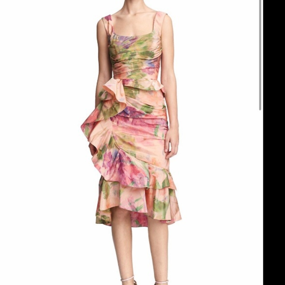 Marchesa Printed Tafetta Peplum Coral Cocktail Dress - Picture 3 of 5